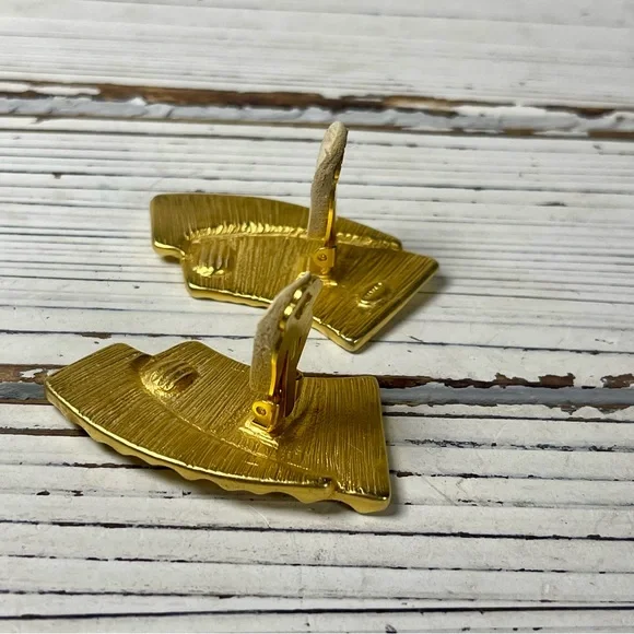 CRAFT Vintage 80’s MCM Art Deco Gold Tone Fan Signed Statement Clip On Earrings - Picture 6 of 10